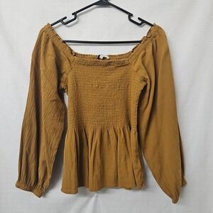 Madewell Mustard Lucie Smocked Peplum Hem Top Sz 6 Peasant Boho Milk Maid Hippie
